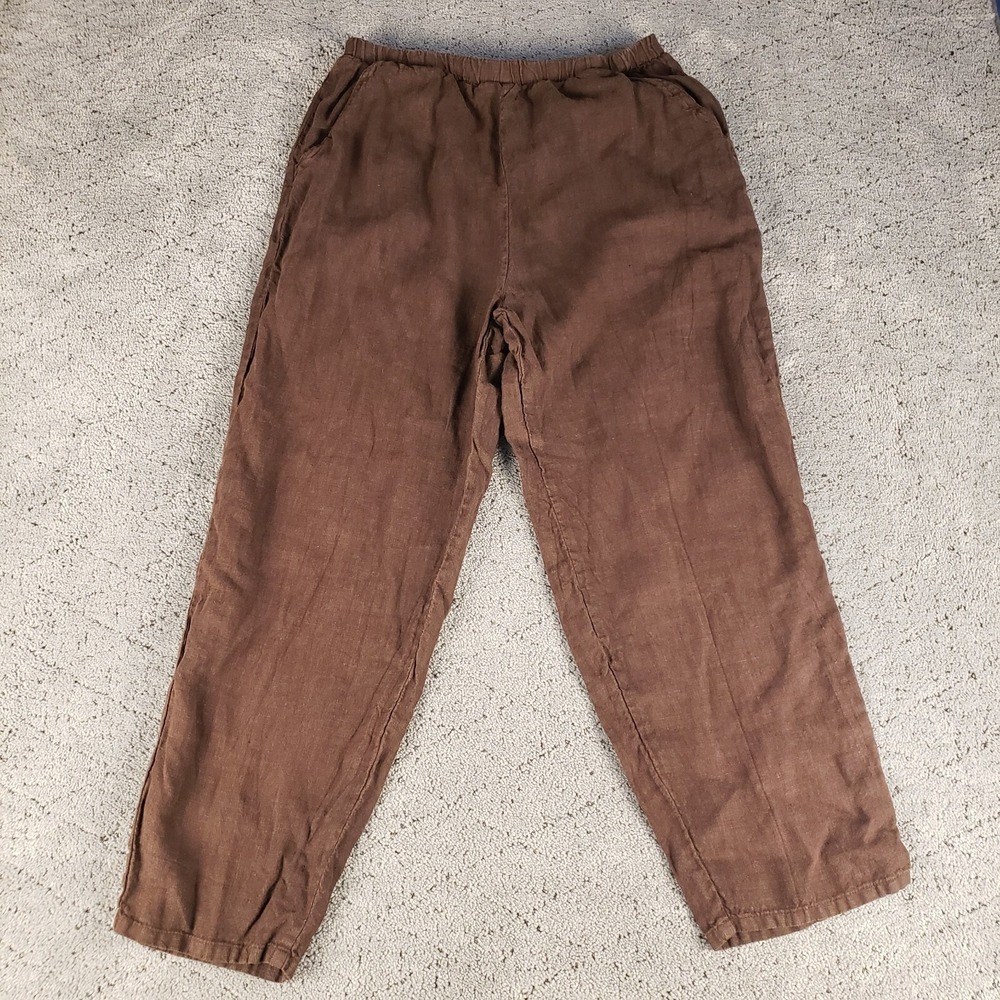 Match Point Pants Womens M Brown 100% Linen Wide Leg Pull On Lagenlook Comfort
